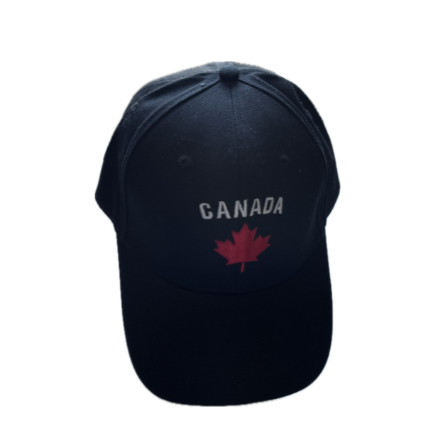 Black baseball cap showing example text of CANADA and a red maple leaf image, both embroidered.